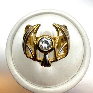 Bold Modern Gold Tone Ring with Clear Round Stone | Sculptural Statement Design